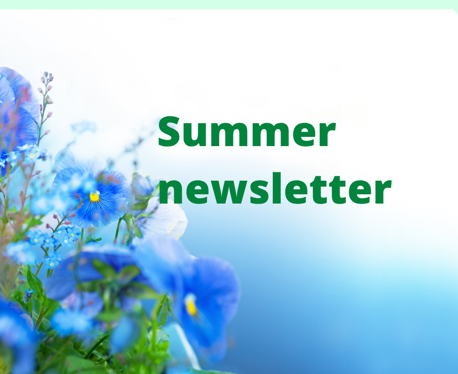 Pretty blue flowers and faded blue white background for Summer Newsletter text heading