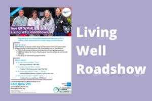 poster promoting the Living well roadshow has an image of four people stood together facing forward and smiling